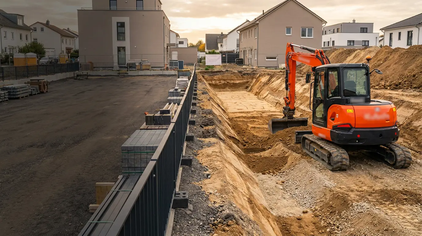 Visualisierung einer Baugrube mit Bagger für Erd- und Tiefbau